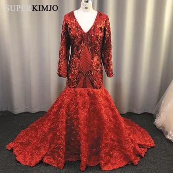 SuperKimJo Kuklus Vakaro Suknelės Ilgomis Rankovėmis V-Kaklo Elegantiškas Red Sparkle Oficialią Suknelės 2019 Abiti Da Cerimonia Da Sera