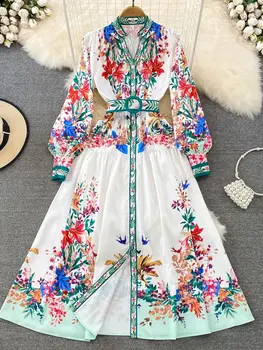 Kilimo ir tūpimo tako Projektavimo Moterų V-Kaklo Suknelė Elegantiškas ilgomis Rankovėmis Vieną Krūtinėmis Gėlių Spausdinti Diržo Rudens Atostogų Šalis Suknelės Vestidos