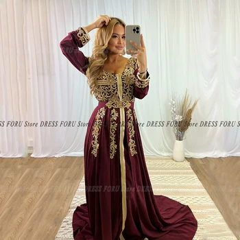 Derliaus Vakarinę Suknelę Aukso Aplikacijos Ilgomis Rankovėmis Valymo Traukinio Maroko Kaftan Šalis Suknelė Moteris Dėvėti Plius Dydis Vestido Fiesta