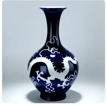 Jingdezhen Keramikos Vaza, Mėlyna Glazūra, Drožyba White Dragon Modelį, Vazos, Namų Apyvokos Kambarį Apdaila Kinijos Senovės Ornamentais