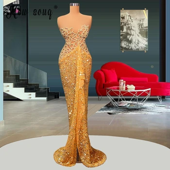 Aukso Beades Blizgančiais arabų Vakaro Suknelės Moterims 2022 Undinė Ilgai Prom Šalis, Chalatai Chalatas De Bal Užsakymą