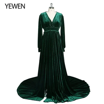 Long Sleeve V-Kaklo Aukštos Juosmens Aksomo Vakarinę Suknelę 2022 Nauji Green Velvet Elastinga Juosmens Pusėje Ritininės Ilga Suknelė