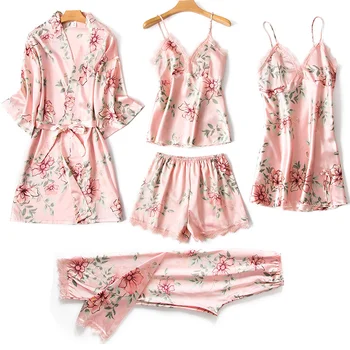 Lisacmvpnel 5 Vnt Ledo Šilko Moterų Pajama Print Mados Su Krūtinės Mygtukai Pižamos Lace V-Neck Sleepwear