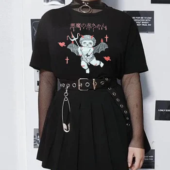 Demonas Angelėlis Negabaritinių Moterų Goth Punk T Shirt Gothic Lolita Drabužiai Moterims Marškinėliai Grunge Streetwear Kawaii Y2k Estetinės Viršų