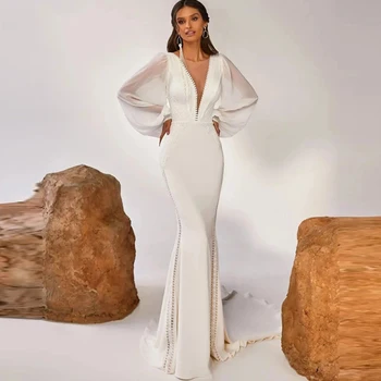 Elegantiškas Giliai V-Kaklo Undinė Vestuvių Suknelės 2023 Seksualus Skaidrus Žibintų Šifono Rankovės Vestuvių Suknelės Su Traukiniu Vestido De Noi
