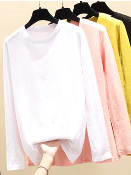 Korėjos Marškinėliai Moterims 2022 M. Rudenį T-Shirt Moteris Atsitiktinis Medvilnės Viršus Minkštas Tee Moterų Rausvos spalvos, ilgomis Rankovėmis 3XL Marškinėlius Pagrindinių Žiemos