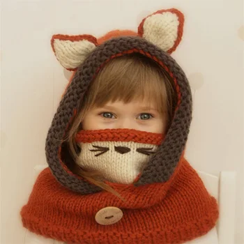 Nauja rudens ir žiemos vaikų skrybėlės, kaukės Fox vilnos skaros, skrybėlės šiltas ausų apsaugos gyvūnų mezgimo
