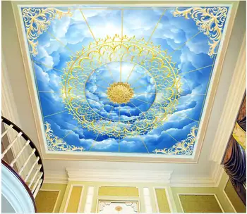 Pasirinktinius nuotraukų freskos 3d lubų freskomis tapetai Gold diamond gėlių mėlynas dangus, balti debesys kambarį tapetai sienos 3d