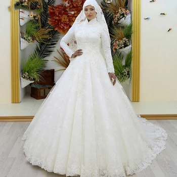 Aukštos Kaklo Musulmonų Vestuvių Suknelės, Artimuosiuose Rytuose-line ilgomis Rankovėmis Oficialų Vestuvinės Suknelės Vestidos De Mariee