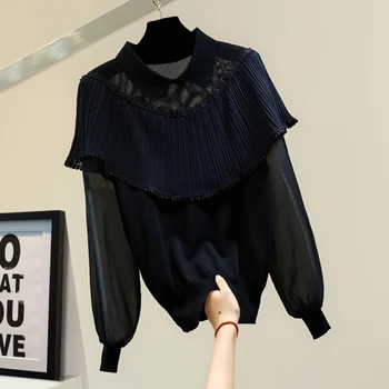 Nėriniai Plisuotos Seksualus Tuščiaviduriai Džemperis Moterims 2021 M. Pavasarį Korėjos Stiliaus Vientisos Spalvos Šifono Rankovės Išorinės Siūlės Dėvėti Dugno Marškinėliai