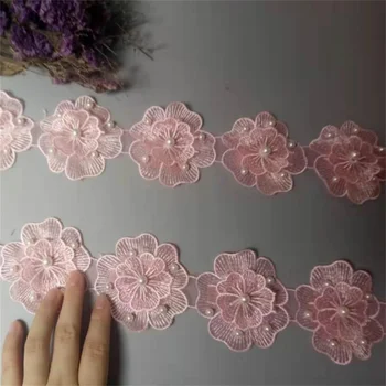 1 kiemas Pink Pearl Zawalcowany Išsiuvinėti Gėlių Nėrinių Apdaila Gėlių Aplikacijos Lopai, Audinių Siuvimo Senovinių Vestuvių Suknelė 7.5 cm