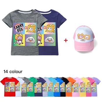 Lankybox Marškinėlius, O Kaklas Trumpas Rankovėmis Juokingi Marškinėliai Mados Animacinių filmų Tee-Šukuotinės Medvilnės Drabužius Atsitiktinis Cool T-shirt +Hat 0