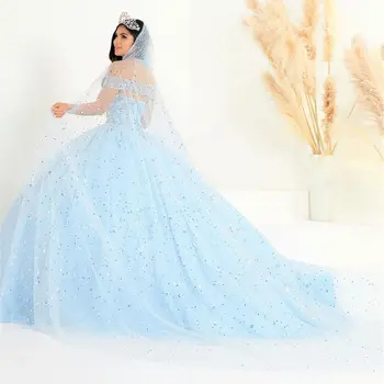 Dangus Mėlynas Quinceanera Suknelės Kamuolys Suknelė Nuo Peties Blizgančiais Kristalais Meksikos Saldus 16 Suknelės 15 Anos