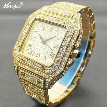 MISSFOX Vyrų Prabangūs Laikrodžiai, Nerūdijančio Plieno, atsparus Vandeniui Vyrų Kvarco Riešo Laikrodžių Mados Aikštė Diamond Bling Unikalus vyriški Laikrodžiai
