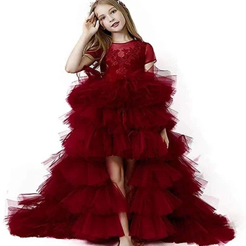 vyno Raudona Gimtadienio Gėlių mergaičių Suknelės Tiulio Trumpas rankovės Domino Suknelė Maža Mergaitė, Pirma Komunija Inscenizacija Suknelės