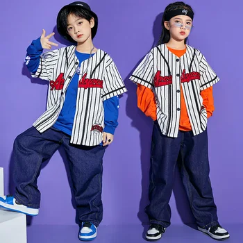Vaikas Hip-Hop Drabužių Juostele Beisbolo Džersis Marškinėliai Cardigan Streetwear Džinsinio Baggy Pants Džinsai Mergaitė Berniukas Kostiumas Drabužiai