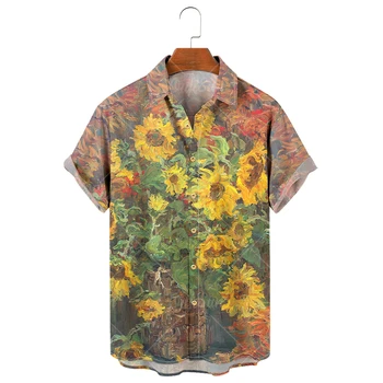 Vyriški Havajų Marškinėliai, 3D Saulėgrąžų Print T-Shirt, Gėlių vienoje Eilėje Mygtuką, Marškinėliai, Kuma, Didelis 5XL, Laisvalaikio Stiliaus, vyriški Paplūdimio