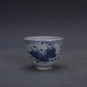 Retas Čing Dinastija Mėlynos ir Baltos spalvos porceliano Kūdikių Žaisti Nuotrauką Teacup Kavos Puodelį, Rankų darbo Antikvarinis 0