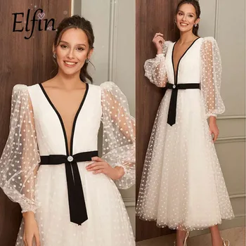 Elfin Arbata-Ilgis Prom Dresses 2022 Ilgomis Rankovėmis Elegantiškas-Line Trumpas Šalies Vakare Gown Dot Tiulio Užsakymą