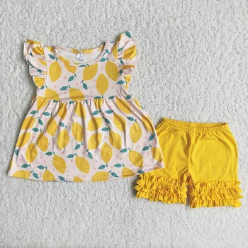 mados vasaros citrinų komplektus kūdikių mergaičių aukštos kokybės O-kaklo plaukioja rankovėmis marškinėliai+pynimas šortai 2 vnt rinkiniai 0