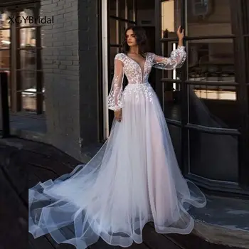 Naujas Musulmonų Nuotakos Vestuvių Suknelės 2021 Iliuzija Deep-V Žibintų Rankovėmis Appliques Abito da Sposa Boho Dubajus arabų Vestuvių Suknelė