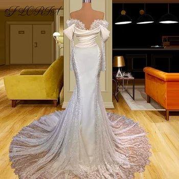 Žavinga Perlai Nėrinių Vestuvių Suknelė Off Peties Ilgos Satino Vestuvių Suknelės Moterims 2022 Nuotaka Užsakymą vestido de novia