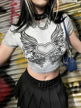 Grafinis Spausdinti Retro marškinėlių gatvės Seksualus Harajuku Grunge Fairycore Y2K Drabužius Estetinės bamba 90s Goth vasarą Pasėlių Top moterims