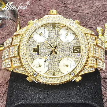 Nauja Hip-Hop MISSFOX Aukso vyriški Laikrodžiai 51MM Didelis Veidą Lediniame Iš Viršaus Prekės Prabangių Deimantų Verslo Vandeniui Kvarcinius Laikrodžius