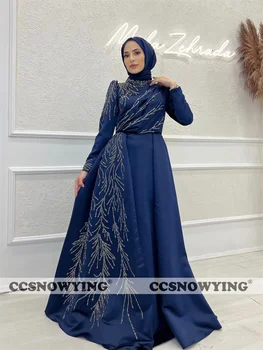 Musulmonų Satino Zawalcowany Vakarinę Suknelę Ilgomis Rankovėmis Hijab Prom Oficialią Šalies Suknelė Aukštu Kaklu Arabija Dubajus Kaftan Islamo Skraiste De Soiree 0