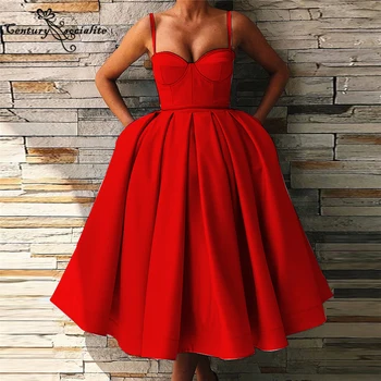 Paprasta Raudona Prom Dresses Trumpas 2021 Brangioji Užtrauktukas Atgal Arbata-Ilgis Satino Oficialų Vakarinę Suknelę Šalis, Chalatai Vestido De Fiesta