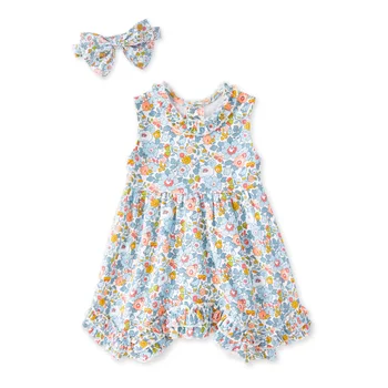 Pureborn Baby Girl Dress Nustatyti ekrano užsklandą Gėlių Pynimas Sundress Atsitiktinis Medvilnės Playwear Suknelės su Hairband Vasaros Atostogų