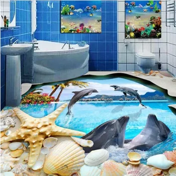 beibehang Užsakymą didelė freska shell šuolis delfinų tualetas, vonios kambarys, miegamasis 3d grindų sutirštės vandeniui atsparus nusidėvėjimui pvc grindų lipdukai