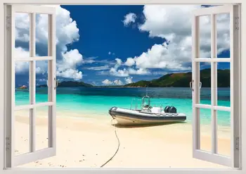 Tropica paplūdimio 3D lango siena lipdukas, pakrantės sienos lipdukas, skirtas namų dekoro, valtis sienos meno vinilo už darželio vaikai, vaikų namų decora
