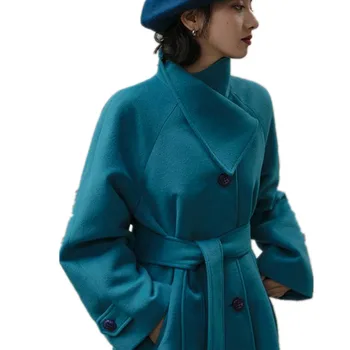 Prancūzijos šviesą stand-up apykaklės, peacock blue moterų vilnonis paltas žiemos temperamentas tvarstis vidutinio ilgio outwear