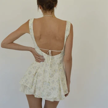 Senovinių Kvadratinių Apykaklės Mygtuką Iki Backless Suknelės Prašmatnus Gėlių Spausdinti Mini Suknelė Moterims, Elegantiška Ponia Y2K Fairycore Retro Drabužių 0