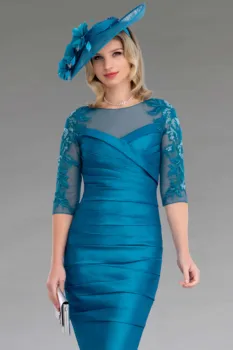 nemokamas pristatymas custom Ruched Dress gėlių aplikacijos pusė rankovių klostyti blue elegantiškas kelio ilgis Trumpas Motina Nuotakos Suknelės