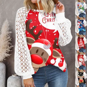 Žiemos Viršūnes Nėrinių žibintų ilgomis rankovėmis Sexy marškinėliai moteriški O-kaklo Megztinis Kalėdų Spausdinti Vintage Kalėdų Tee Marškinėliai Naujas
