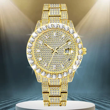 Hip-Hop Lediniame Iš Laikrodžių Vyrams Visa AAA Mens Diamond Laikrodžiai Vandeniui Prabanga Kvarcinis Laikrodis Aukso Plieno Montre Homme 2022