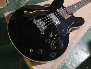 Custom 4-string 335 juoda elektrinė bosinė gitara du kartus f-hole tuščiavidurio kūno, chromo lydinio aparatūros sandėlyje 62