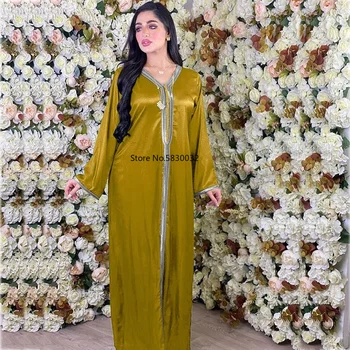 Satino Arabų Ilgos Suknelės Jalabiya Moterų Aukso Juostele Kratinys V-Kaklo, Ilgomis Rankovėmis Maxi Suknelė Abaja Musulmonų Turkų Drabužius Rudenį 0