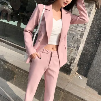 2 gabalas komplektai moterų Pavasario temperamentas Slim verslo biuro ponios OLIS vienodas vientisos spalvos rožinis dviejų dalių laisvalaikio kostiumas