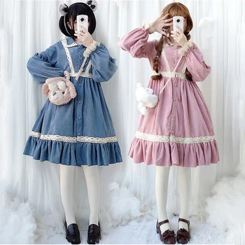 Japonijos saldus lolita dress senovinių nėrinių pynimas rankovės sustorėjimas, pavasarį, rudenį viktorijos suknelė kawaii girl gothic lolita op cos