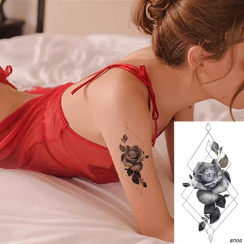 Sexy Moteris Geometrinis Laikina Tatuiruotė Lipdukai Black Rose Kūno Rankos Netikrą Tatuiruotę Lipdukai Merginų Makiažas 3D Gėlių Vandeniui Tatoos
