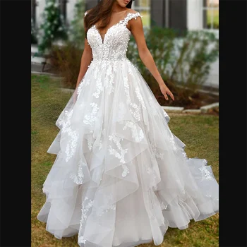 2023 Elegantiškas A-Line Wedding Dresses Moterų V-kaklo Duobute Spagečiai Dirželiai Appliques Backless Aukštos Padalinta Oficialų Vestuvinės Suknelės
