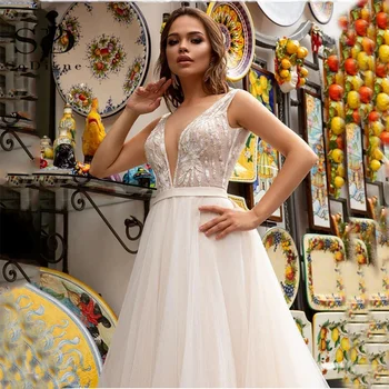 Boho Vestidos De Noiva Nėrinių Appliques Tiulio Vestuvių Suknelės 2021 Valyti-Line Nuotakos Suknelė Bohemijos Balta Nuotakos Suknelė
