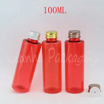 100ML Raudono Plastiko Buteliukas Su Užsukamu Aliuminio , 100CC Tuščias Dušo Gelis / Kremas Sub-išpilstymo , Tuščias Kosmetikos Bakas