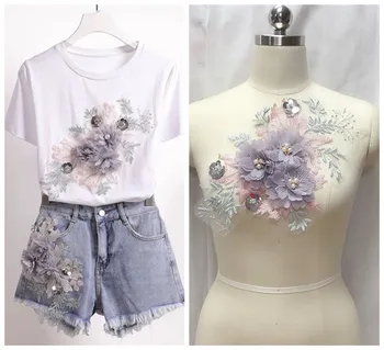 china zawalcowany 3D siuvinėjimo gray/pink gėlių pleistras nėrinių Suknelė 