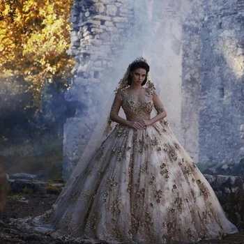 Aukso Ilgomis Rankovėmis Vestuvių Suknelė 2021 Gėlių Nėrinių Nuotakos Suknelė Sandėlyje Vestidos De Novia 0