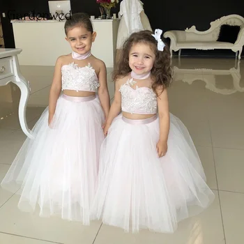 Dviejų Dalių, Pink Gėlių Mergaičių Suknelės 2020 Apynasrio Nėrinių Appliques Kamuolys Suknelė Tiulio Vaikai Komunijos Suknelės