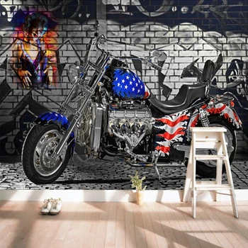 Lipnios Tapetai, 3D Stereo Motociklo Plytų Sienos Grafiti Piešiniai Restoranas, Kavinė Fone Vandeniui Lipdukas Namų Dekoro